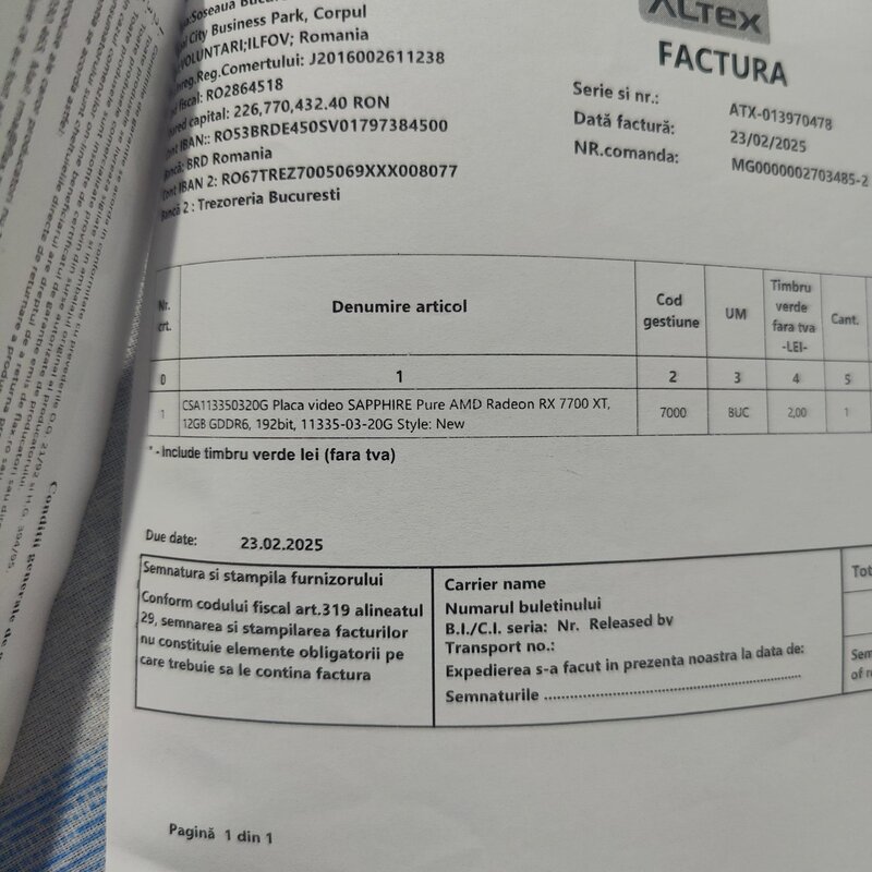 RX 7700 XT 12GB cu garantie 2ani +2 luni.